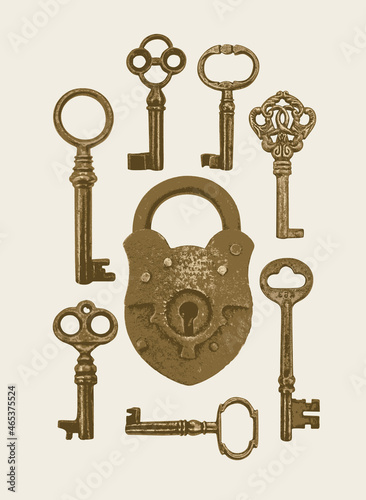 Vector banner with vintage bronze keys and lock on a light background. Realistic illustration with old padlock and a set of beautiful antique keys of various shapes in retro style