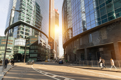 business center of Moscow skyscrapers. company headquarters offices.solar glare