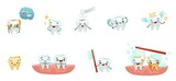 Cute funny teeth characters set. Mouth hygiene, teeth restoration concept cartoon vector illustration