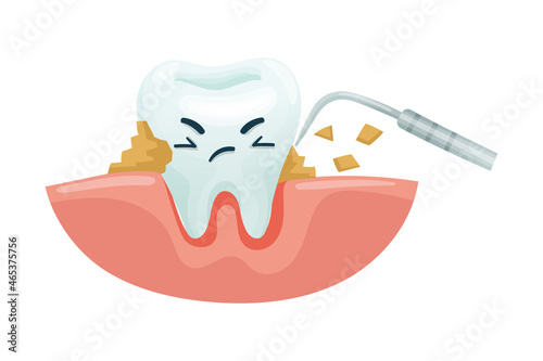 Cleaning teeth with dentist tool. Oral care, mouth hygiene, teeth restoration concept cartoon vector illustration
