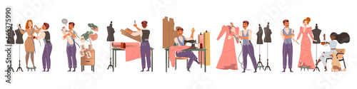 Man Fashion Designer or Tailor Taking Measurements and Sewing Clothing Garment Model Vector Set