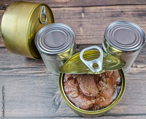 The Canned food in jars. Canned meat in iron cans.