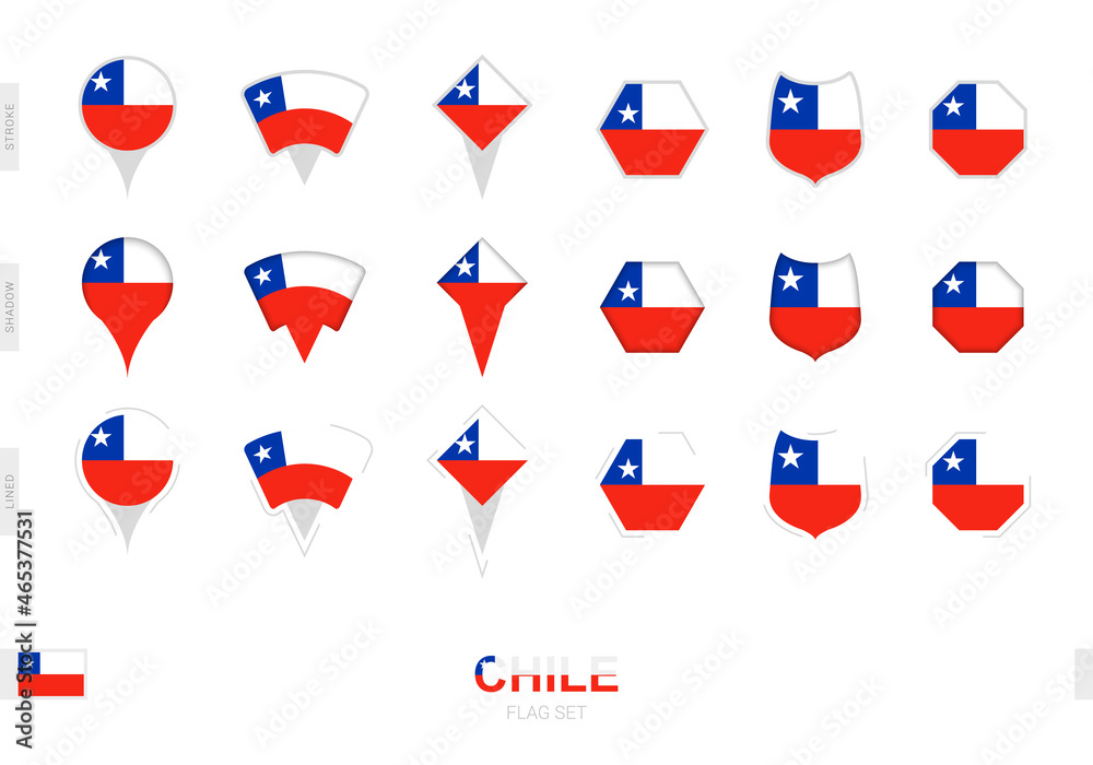 Collection of the Chile flag in different shapes and with three different effects.