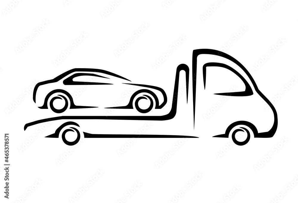 Tow truck icon in brush stroke style. Sketch of a car on a tow truck Tow truck icon in brush stroke style. Sketch of a car on a tow truck