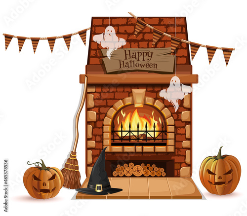 Halloween fireplace is decorated with pumpkins and ghosts. Burning fireplace decorated for halloween celebration isolated on white. Halloween fireplace. Vector illustration