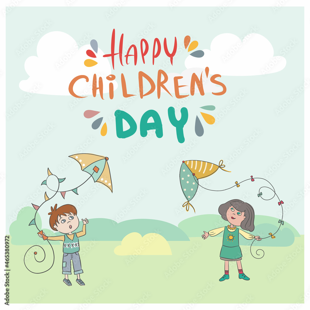 Vector cartoon illustration - poster for Happy childrens day. Kid with kite in the park. Funny Boy girl plays with colored flying kite on an abstract background. 

