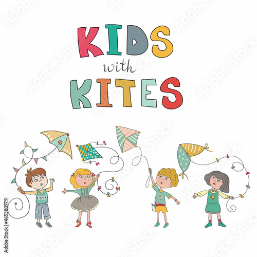 Vector cartoon illustration. Kid with kite in the park. Funny Boy and girl plays with colored flying kite on an abstract background. 

