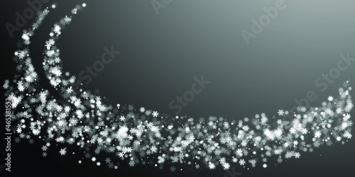 Snow flakes falling macro vector design, christmas snowflakes confetti falling chaotic scatter card. Winter xmas snow background. Windy flakes falling and flying winter cool vector background.