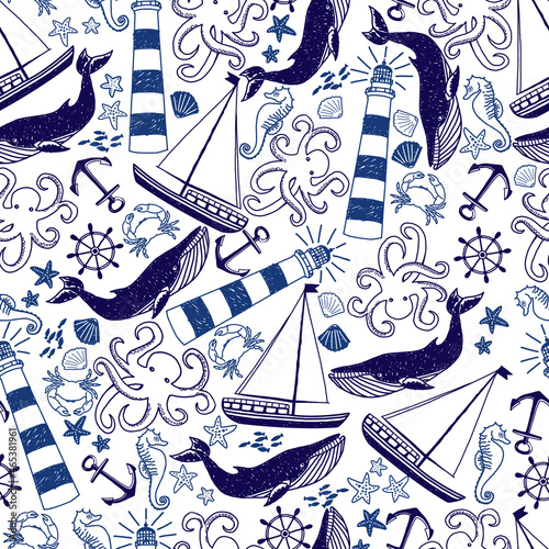 Hand Drawing Nautical Seamless Pattern for party, anniversary, birthday. Design for banner, poster, card, invitation and scrapbook 
