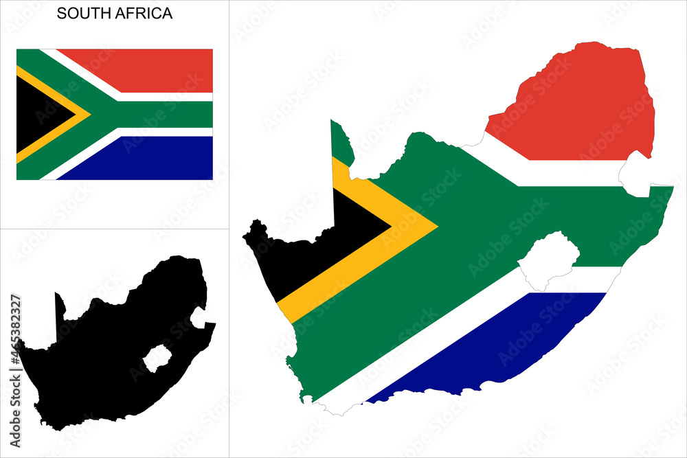 Carte d'Afrique du Sud avec fond drapeau sud africain - carte sous forme de motif noir et drapeau Afrique du Sud disponibles séparément