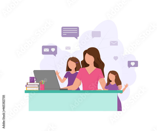 Mom and two daughters chatting remotely in front of a computer. Remote communication with relatives and friends via the Internet