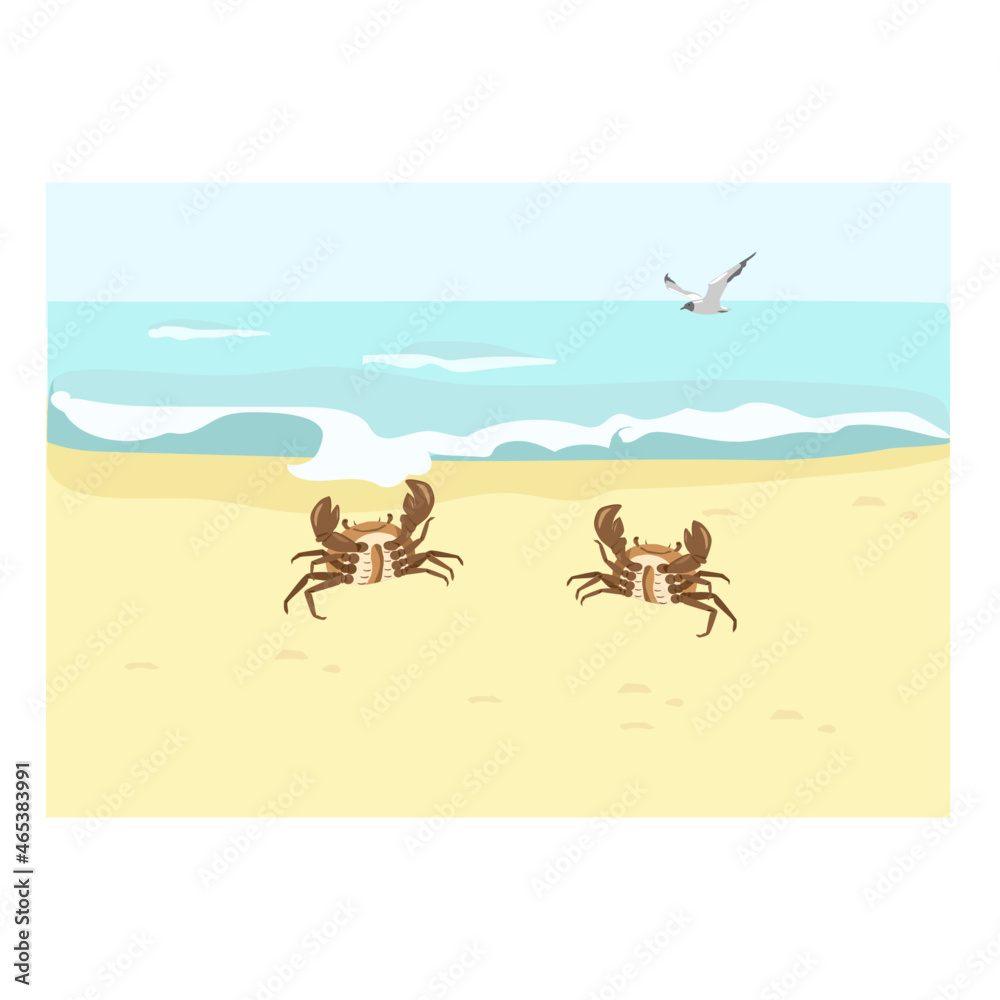 Two crabs and palm tree on the beach. Ore in the background.  Vector Seascape in summer
