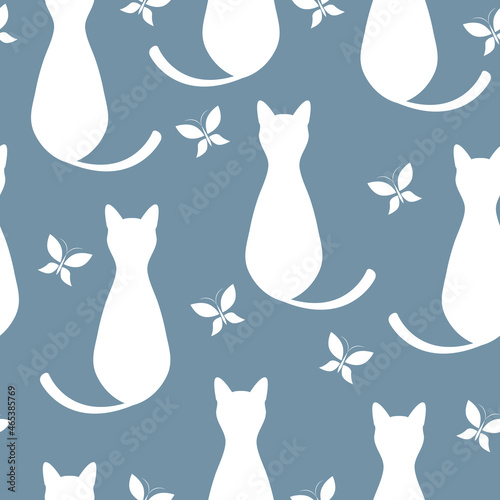 Seamless pattern with cats and butterflies. Vector illustration. It can be used for wallpapers, wrapping, cards, patterns for clothes and other.