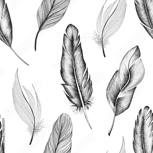 Obraz na plátne Seamless pattern of bird feathers, hand-drawn on a white background in boho style