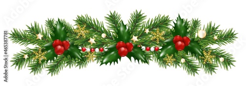 Christmas border decorations garland with fir branches and holly berries, golden snowflakes and beads. Design element for Xmas or New Year on white background. Vector