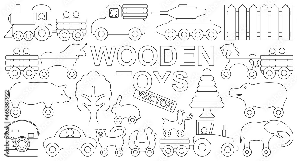 Wooden toy vector illustration on white background. Isolated outline set icon wood doll. Vector outline set icon wooden toy.