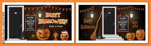 Halloween design set. Home of the wicked witch and her little monsters. Brick house is decorated for the Halloween holiday. Vector illustration