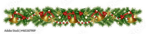 Christmas border decorations garland with fir branches, golden bells, snowflakes holly berries and beads. Design element for Xmas or New Year on white background. Vector