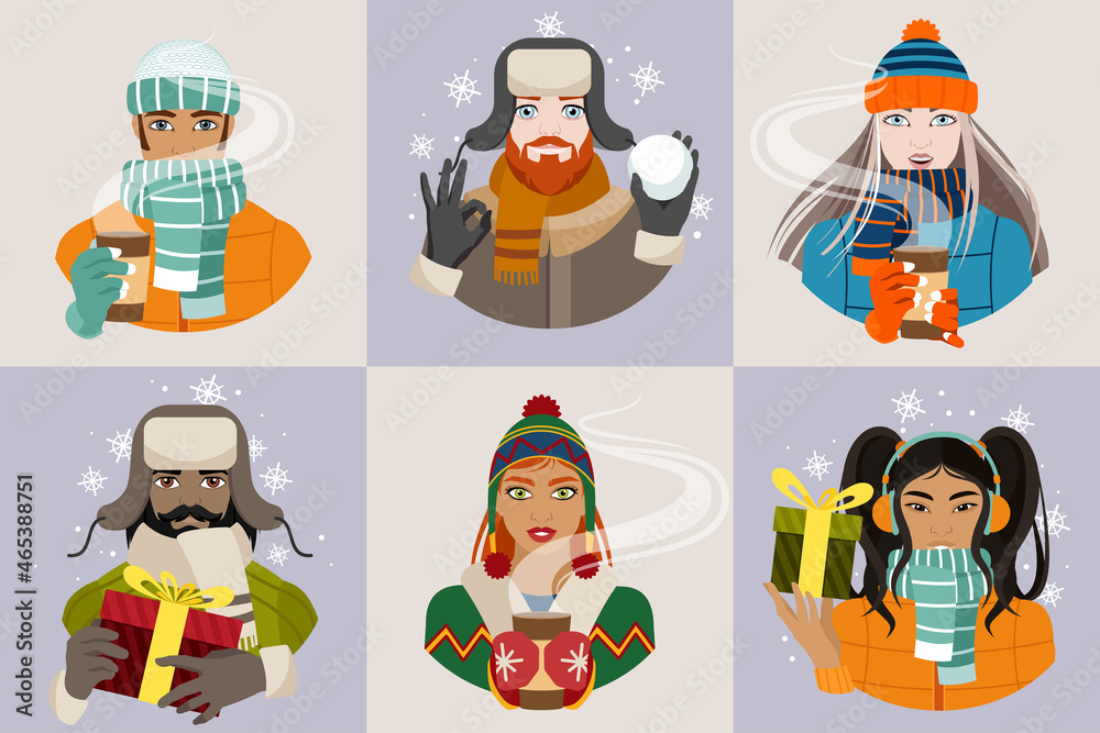 Avatars of men and women in winter jackets and hats are holding hot drinks or Christmas gifts. Winter avatars. Flat vector illustration. Avatars of men and women in winter jackets and hats are holding hot drinks or Christmas gifts. Winter avatars. Flat vector illustration.