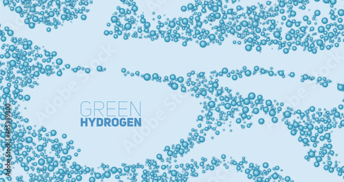 Green hydrogen concept. H2 hydrogen bubbles on light backdrop.