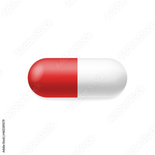 3d Realistic Red Pill on White Background. Medical Capsule and Tablet. Template Pharmaceutical Medicament. Medical and Healthcare Concept. Isolated Vector Illustration