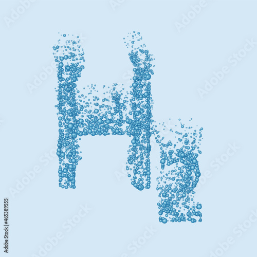 Green hydrogen concept. H2 hydrogen symbol constructed with bubbles on light backdrop.