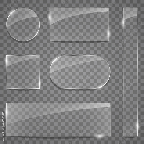 Realistic Glass Billboards on Transparent Background for Covering and Decoration. Set of Clear Shiny Frame Glass with Glossy Effect. Mockup of Gloss Silver Plates. Isolated Vector Illustration