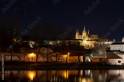 Night view of Saint Vitus Cathedral in Prague. View from the Shooters Island.