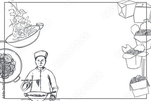 Wok set. Asian street food. Vector background.