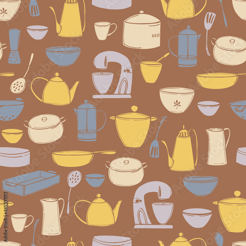 Hand drawn kitchen appliances and utensils for cooking.Vector seamless pattern