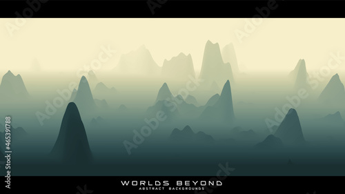 Abstract green landscape with misty fog till horizon over mountain slopes. Gradient eroded terrain surface. Worlds beyond.