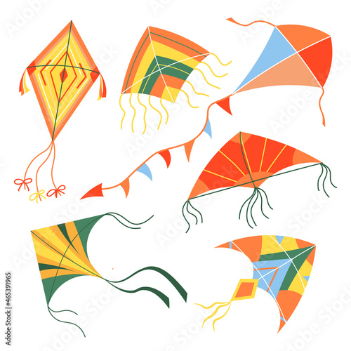 Set of colorful kites. Flat illustration of colorful kites 