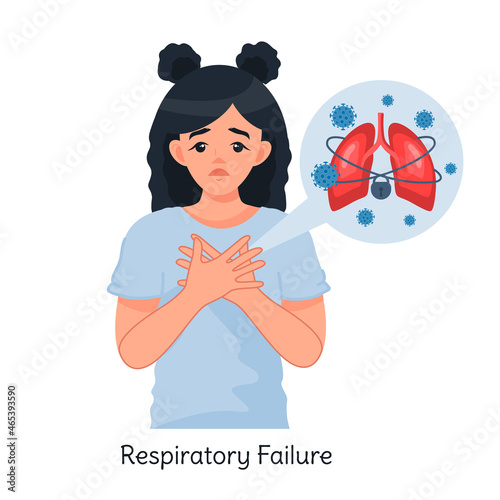 A woman with respiratory failure. Pneumonia, shortness of breath. Coronavirus infection. Symptoms of coronavirus. Vector illustration in cartoon style isolated on a white background