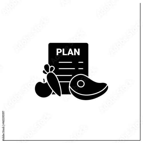 Eating plan glyph icon.Healthy diet plan for breakfast,dinner.Including vegetables like carrot, fruits,meat. Time restricted eating.Dash diet.Filled flat sign. Isolated silhouette vector illustration