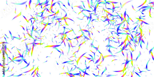 Holographic flying confetti glitters isolated on transparent background. Rainbow iridescent overlay texture confetti. Vector festive foil hologram tinsels on white.