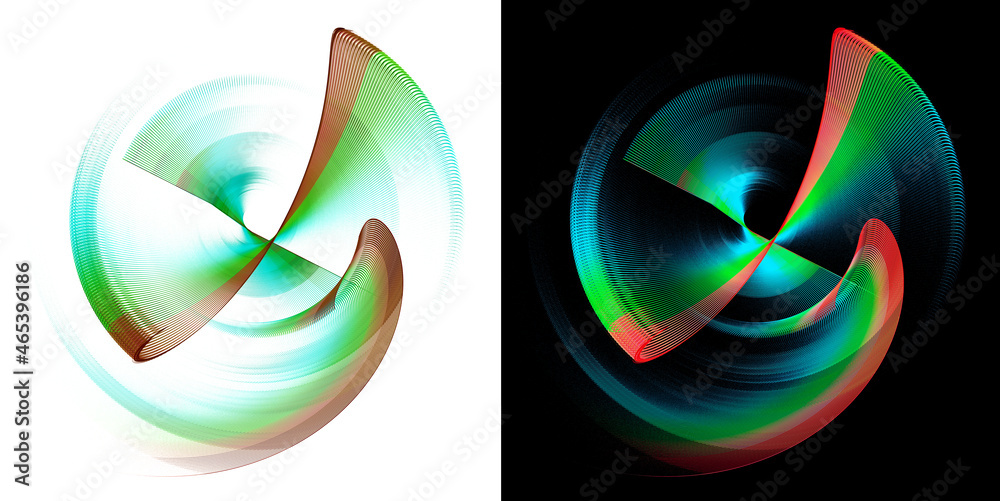 Colorful striped air blades of an abstract propeller rotate on white and black backgrounds. Graphic design elements set. Logo, sign, symbol, icon. 3d rendering. 3d illustration.