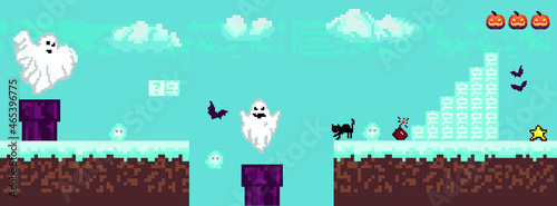 Retro video games, halloween arcade games ghosts, monsters, card background, old computer games. vector illustration	Halloween pixel game