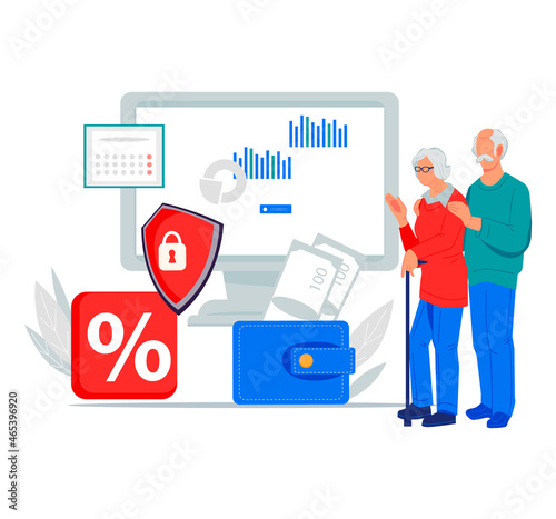 Elderly financial security and education concept. Age pension and retirement money savings. Elderly financial security and seniors budget planning, flat vector illustration isolated on white.