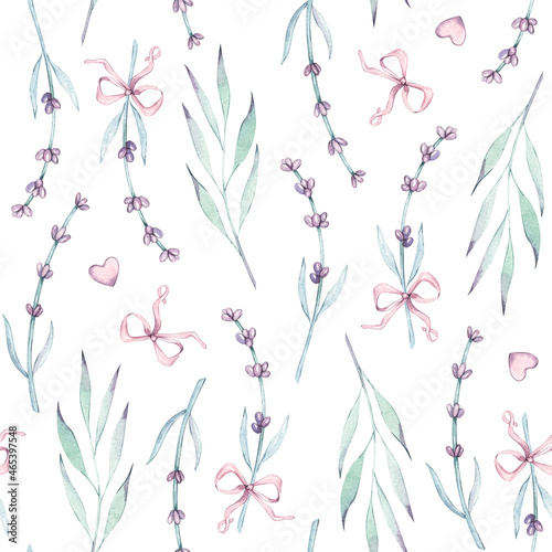 Watercolor seamless pattern with lilac Provence Lavender flowers, hearts, bow, leaves. Isolated on white background.For wear, birthday, valentine cards, linen, wrapping, wallpaper, home decor textile.