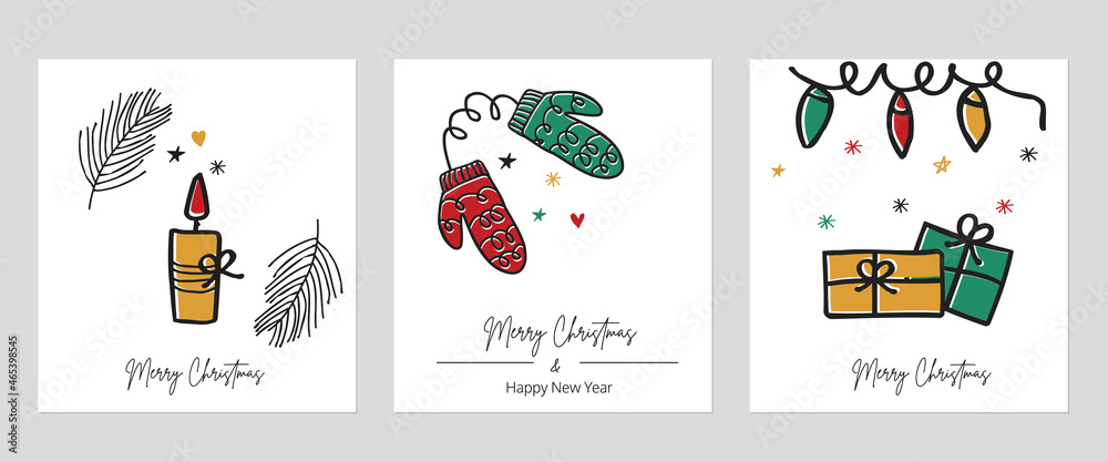 Christmas cute cards with mittens, candle, gift boxes and Christmas garland