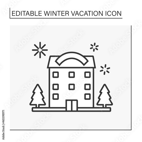  Hotel line icon. Lodging to travelers or permanent residents. Winter vacation concept. Isolated vector illustration. Editable stroke photo
