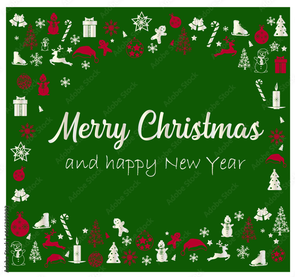 Merry Christmas and Happy New Year card. Christmas tree, silver glass balls, stars, sequins and an elegant inscription on a green background.
vector graphics.