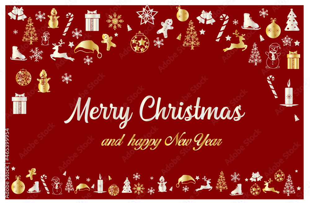 Merry Christmas and Happy New Year card. Christmas tree, silver glass balls, stars, sequins and an elegant inscription on a blue background. Sketch of fir, cedar, pine and cones branches