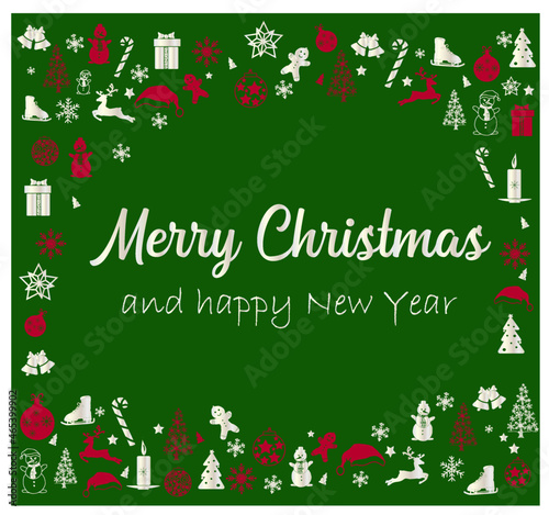 Obraz na płótnie Merry Christmas and Happy New Year card. Christmas tree, silver glass balls, stars, sequins and an elegant inscription on a green background.
vector graphics. w salonie