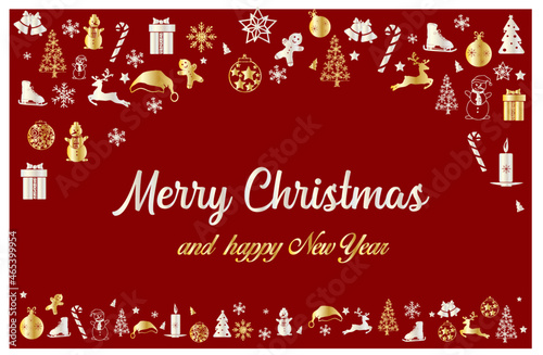 Obraz na płótnie Merry Christmas and Happy New Year card. Christmas tree, silver glass balls, stars, sequins and an elegant inscription on a blue background. Sketch of fir, cedar, pine and cones branches w salonie