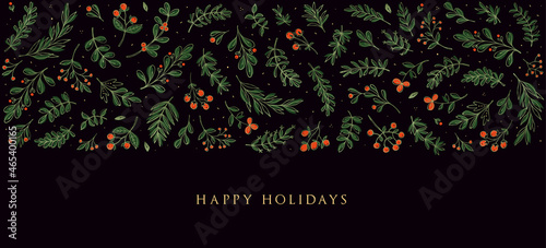 Horizontal Christmas, Holiday border with ornate floral motives and greetings. Universal modern line art florals. Merry xmas header or banner. Wallpaper or backdrop decor.