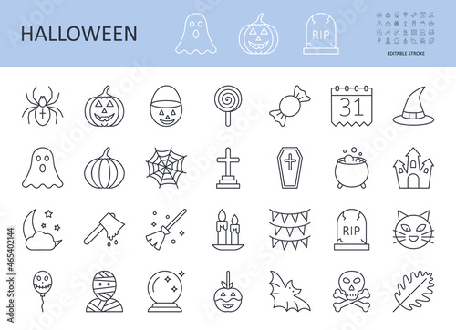 Vector Halloween icons. Editable stroke. Autumn holiday bat spider pumpkin jack o 'lantern candy ghost spider web decoration castle party crystal ball witch hat cauldron tombstone balloon costume