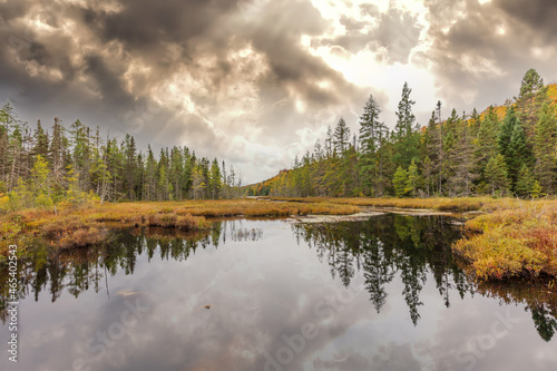 Lac St Michel in Autumn showing fall colors in cottage country, Quebec Canada. © Hummingbird Art