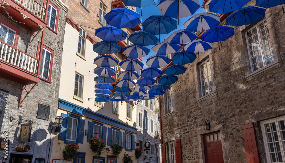 Fototapeta premium Umbrella Alley. Quebec City Old Town street view in autumn sunny day. Canada.