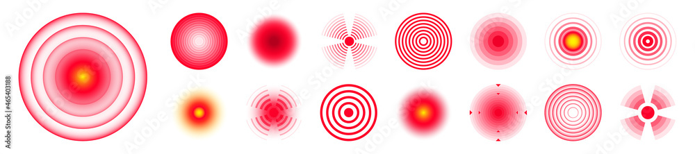 Pain localization marks. Painful area, aching spot. Red circles, targets. Headache, bruised body part marker. Back, neck, muscle pain symbol. Healthcare ad, medical information. Vector illustration. Pain localization marks. Painful area, aching spot. Red circles, targets. Headache, bruised body part marker. Back, neck, muscle pain symbol. Healthcare ad, medical information. Vector illustration.